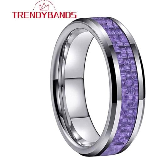 6MM Purple Carbon Fiber Inlay Tungsten Carbide Rings For Men Women Beveled Edges Comfort Fit