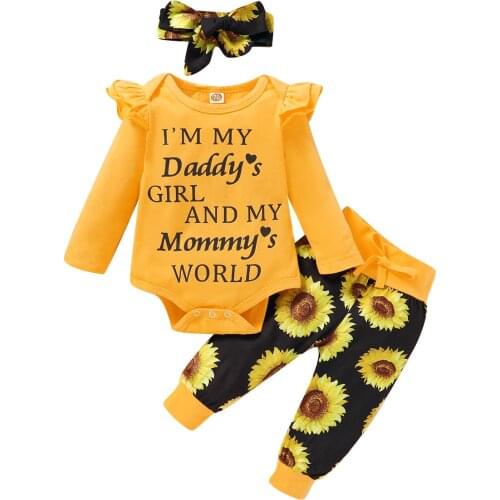 3-24M Kids Baby Girls 3-piece Outfit Set Long Sleeve Letter Print Romper+Sunflower Print Pants+Headband Set