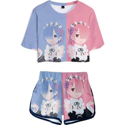 3D Two Pieces sets Re:life in a Different World from Zero Print Girl Short T-shirts+Pants Fashion Dew navel summer Short Suits