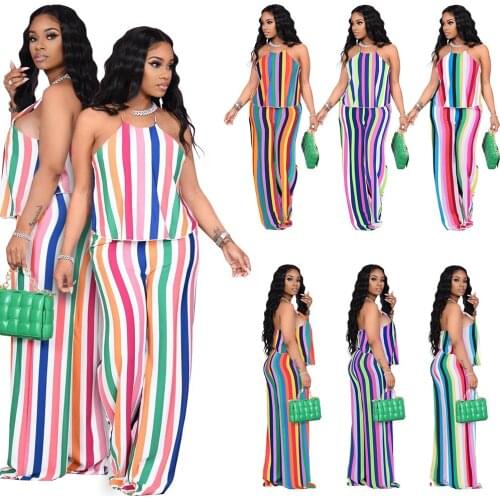 Casual Striped 2 Pieces Sets Sexy Halter Backless Crop Top and Wide-leg Long Pants Loose Loungewear 2021 Elegant Women Clothes