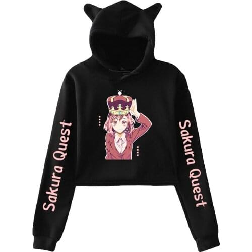 Sakura Quest Anime Cat Ear Hoodies Women Long Sleeve Hooded Crop Sweatshirts Hot Sale Casual Streetwear Clothes