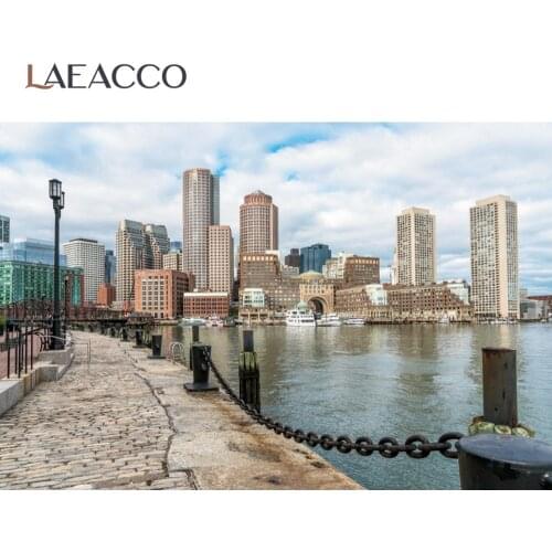 Laeacco United State Boston Finacial District And Waterfront On Cloudy Autumn Morning Scenic Photo Background Photo Backdrops