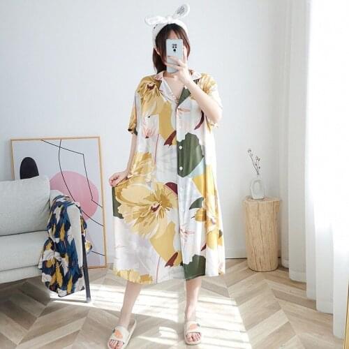 Summer Chemise Femme Nightdress Printed Home Wear Short-sleeved Sleeping Shirt Long Style Sleepshirts Night Gown Sexy Lingerie