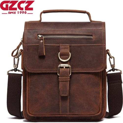 GZCZ New Fashion Crazy Horse Leather Mens Shoulder Bag Vintage Messenger Bags Male Bolsos Crossbody Bags Quality Mans Handbag