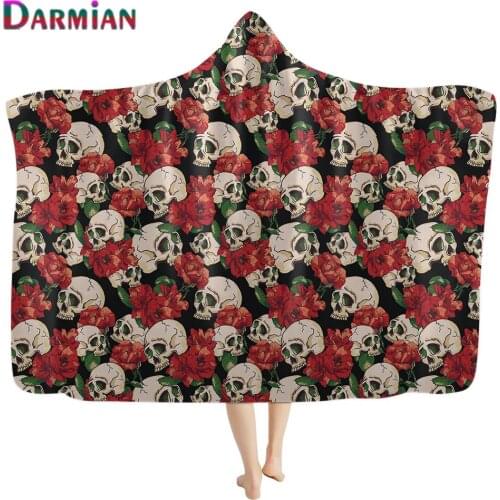 DARMIAN Trend Hooded Blanket Gothic Skull Printed Brand Design Adult Women Men Fluffy Warm Autumn Wearable Throw Blanket Fleece