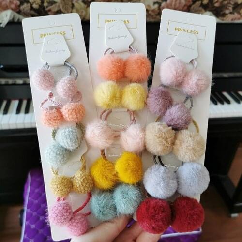 5 Pairs Girls Pompom Ball Hair Bands Colorful Bow Ponytail Holder Pom Pom Fruit Elastic Hair Ties Accessories For Kids