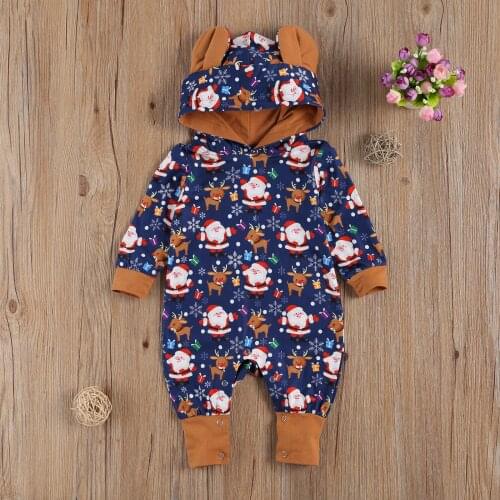 Christmas Newborn Baby Girls Boys Romper Ear Hooded Long Sleeve Cartoon Print Jumpsuits 0-18M