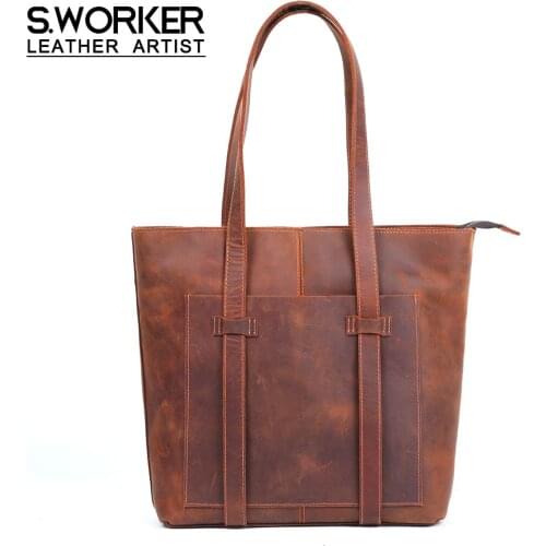 S.WORKER Vintage Genuine Leather Tote Bag Mens Casual Shoulder Bag Crazy Horse Cowhide Womens Handbag Symple Shopping Bag
