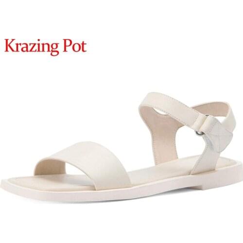 Krazing pot genuine leather square toe simple style preppy style high street fashion energy hook loop summer sandals women L52