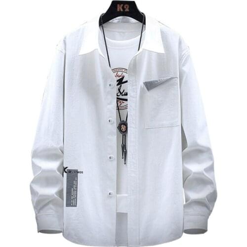 Spring Autumn New Men 's Korean Fashion Coat Plus Size Casual Long Sleeved Shirt Baggy Tops Folding Pocket Turn- Down Collar