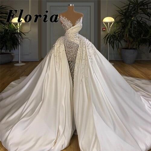 Chic Beaded Full Handmade Wedding Dresses With Long Train Muslim Bridal Gowns Vestido De Noiva Middle East Dubai Bride Gown 2020