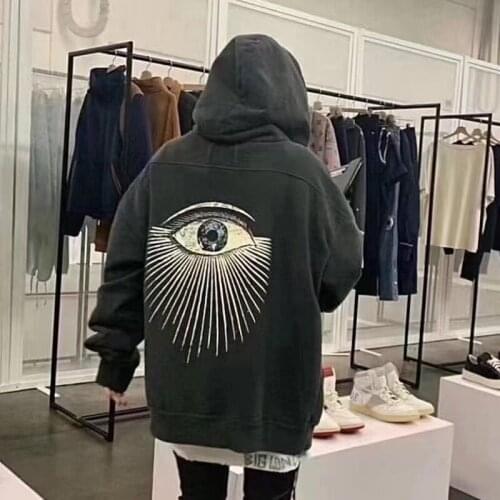 21AW Y2K Oversize Hoodie Women Couples Hand-painted Eye of Prophecy Printed Washed Distressed Retro Black Tops