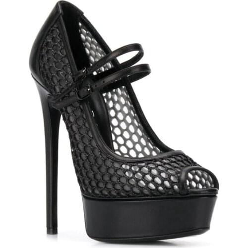 Pumps High Heels Sandals Mesh Flat Platform Lady Shoe Peep Toe Buckle Strap Solid Black Thin Heelswomen Shoes Sandalias Mujer
