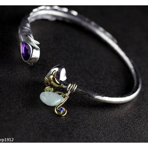 KJJEAXCMY Boutique jewelry S925 Sterling Silver Jewelry Thai Silver Drop Amethyst Open Bangle