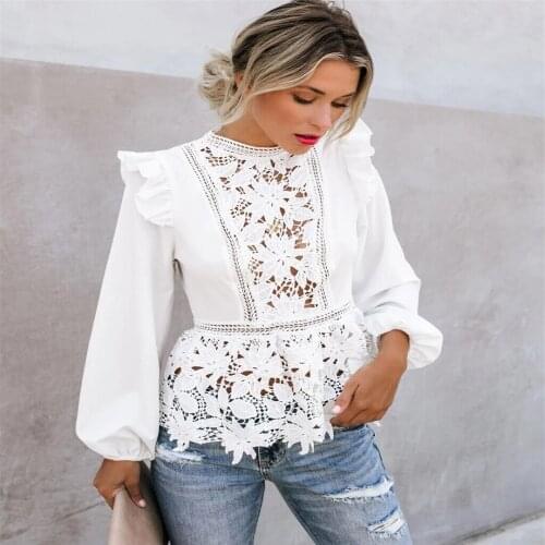 Newest Arrivals Women Lace Hollow T-Shirts Ruffles Fly Sleeve O-Neck Flowers White Shirts Lace Patchwork Shirts Tops Outfits