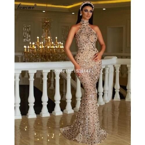 Plus Size Dubai Sparkly Evening Dresses Long Sequins High Neck Prom Dresses Women Party Night Luxury Celebrity Dresses Vestidos