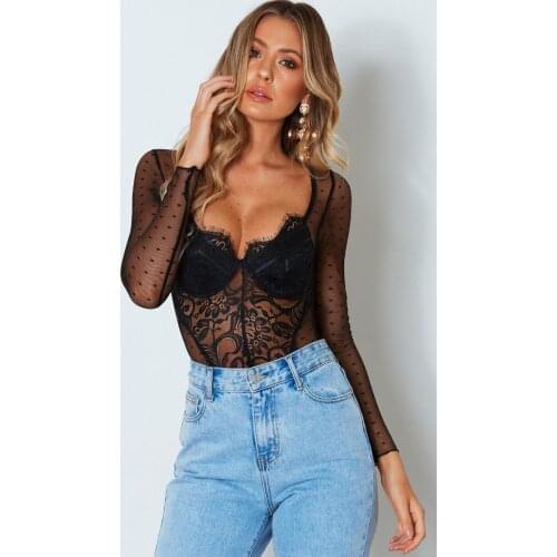 Women Sexy Long-Sleeved See-Through Sexy Underwear New WomenS Long Polka-Dot Sleeves Black Lace Deep V-Neck Jumpsuit