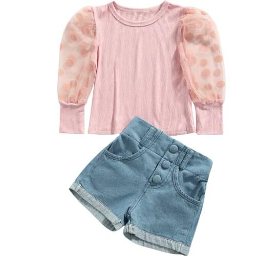 2Pcs Sweet Style Little Girls Outfit Summer Dot Mesh Splicing Puff Long Sleeve Round Collar Tops + Denim Shorts Set
