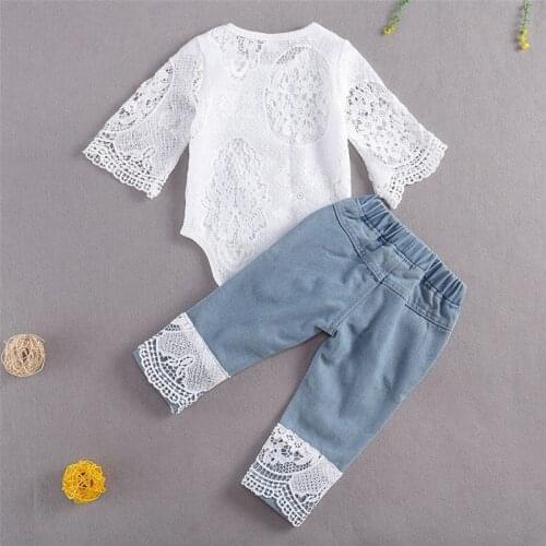 2020 New Fashion 0-24M Baby Girls Fall Clothes Long Sleeve Lace Romper Suit Triangle Crotch Lace Top Hole Long Jeans 2Pcs Outfit