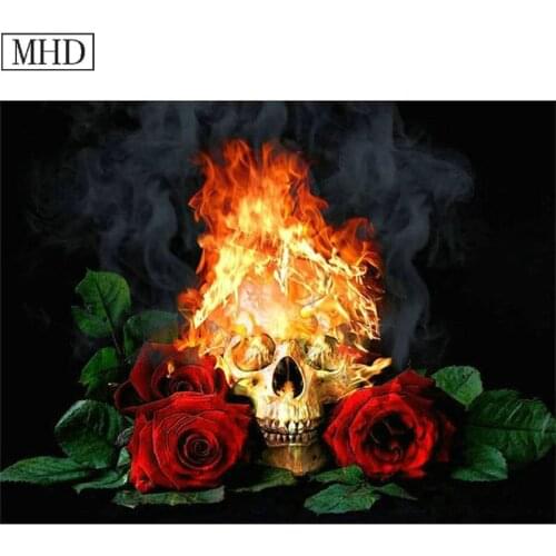 3D Skull Fire Rose Flower Picture 5d Diy Diamond Painting Cross Embroidered Square Crystal Mosaic Home Decor Kit 50x60cm