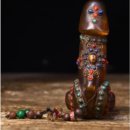 5" Tibet Buddhism Temple natural agate Inlay gem Dzi Carving male genitals Giant God Statue