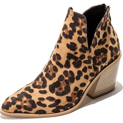 Leopard Print Short Ankle Boots For Women 2022 Spring Autumn New Lady High-Heeled Boots Thick Heel Pointed Toe Nude Chelsea Boot