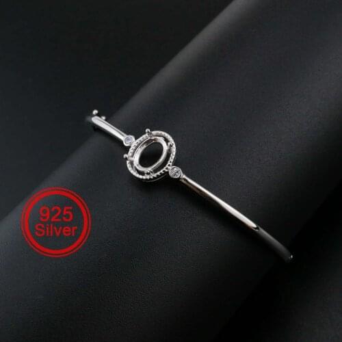 6x8MM Oval Prong Bezel Bangle Three Stone Settings Solid 925 Sterling Silver DIY Bracelet Supplies for Gemstone 2.2'' 1900257