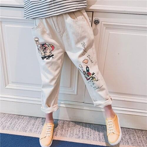 New Girls Fashion Cartoon Fox Printing Casual Pants Spring Autumn Childrens Beige Trousers Kids Lovely Straight Long Pant X375