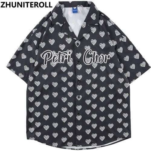 Hawaiian Blouse Hip Hop Streetwear Heart Graphics Print Letter Short Sleeve Vintage Shirts Summer Fashion Harajuku Black Tops
