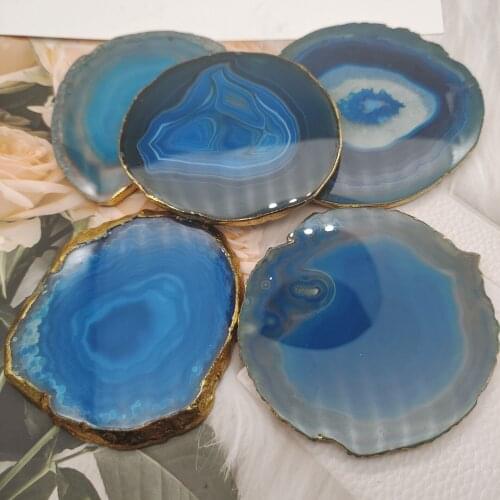 1pcs 6-8cm natural agate Geode piece insulated coasters crystal board jade agate coasters with gold-plated lace mineral trim