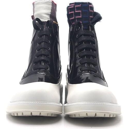 Black White Patchwork Genuine Leather Cowboy Boots Men Lace Up England Style Round Toe Boots Fashion Casual Oxford Shoes