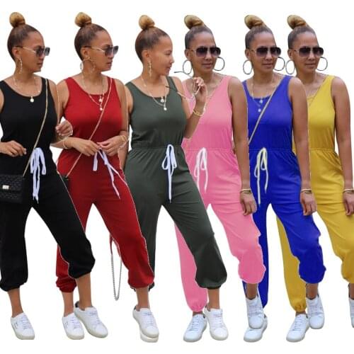 Summer Sleeveless Tank Women Jumpsuit Lace Up Waist Casual Playsuit 2020 Elastic Leg Opening Long Pants Overalls Romper Bodysuit