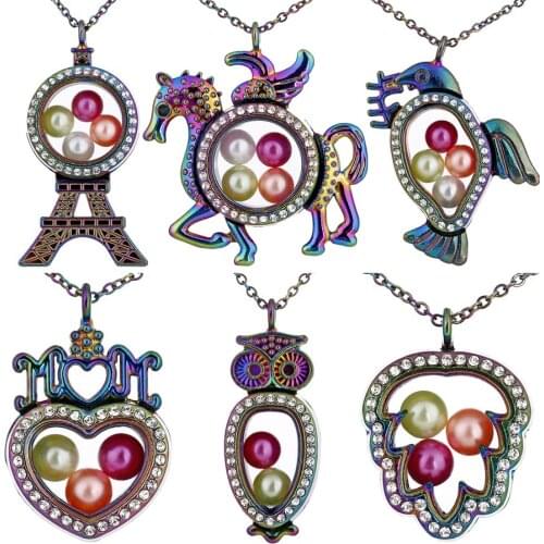 Rainbow Magnetic Glass Floating Charms Locket Pendant Necklace Memory Photo Lockets 15 Styles Free Steel Chains