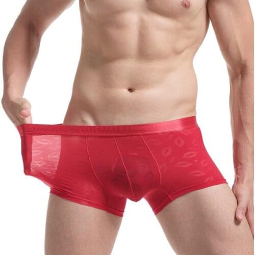 Mens bud silk gauze underwear lip pattern boxer sexy youth boxer nylon breathable silk reinforced panties men