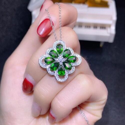 Natural green diopside pendant S925 silver Natural gemstone Pendant Necklace Lovely Hydrangea rhombus women party gift jewelry