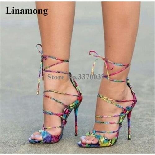New Fashion Women Open Toe Snakeskin Strap Cross Thin Heel Gladiator Sandals Lace-up Mixed Colors High Heel Sandals Dress Shoes