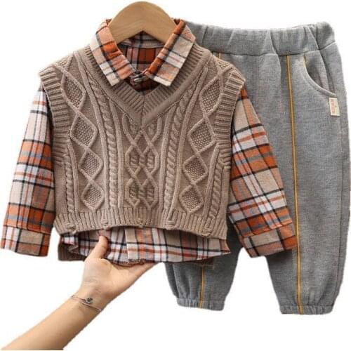 New Spring Autumn Baby Boys Clothes Suit Children Cotton Plaid Shirt Vest Pants 3Pcs/Sets Toddler Casual Costume Kids Tracksuits