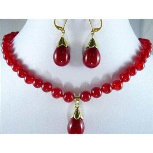 Charrming 8mm Red Ruby jewe Necklace Earring set 18"AAA