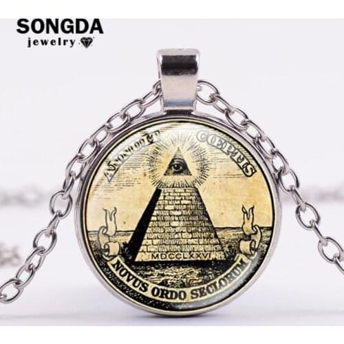 SONGDA Masonic Illuminati Pyramid Eye Necklace Freemasonry Square and Compass Vintage Photo Glass Cabochon Pendant Mason Jewelry