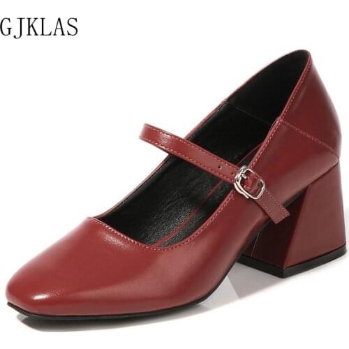 Square Toe Chunky Heels Leather Shoes Women High Heels Big Size 46 Loafers Pumps Women Shoes High Heel New Dress Ladies Shoes