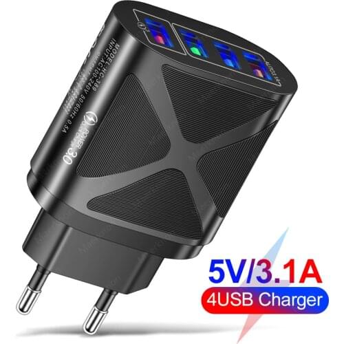 USB Charger 5V 3.1A 4 Ports Quick Charge 3.0 4.0 Travel Wall LED Fast Charging Adapter For Xiaomi iPhone 12 Samsung Mobile Phone