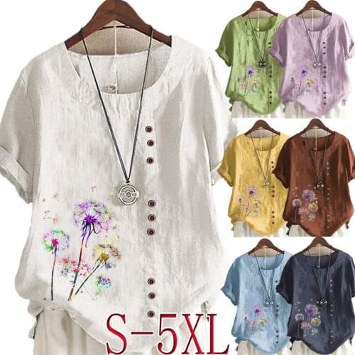 Women Fashion Summer Casual Dandelion Flower Print Loose T-shirt Retro Cotton Linen Round Neck Plus Size Short sleeve Top S-5XL