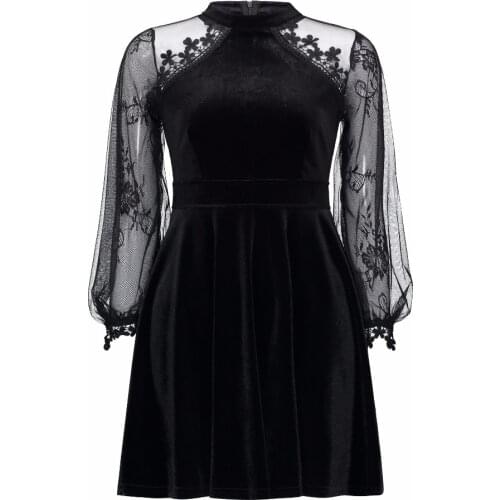 Women Gothic Lace Dresses Long Sleeve Sexy See Through Patchwork Robe Fashion Black Velvet Summer Autumn Dating Party Vestidos