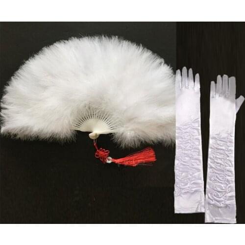 Women Handheld Retro Marabou Feather Fan Satin Long Finger Gloves Props Flapper Accessories Fancy Dress Hen Tea Party