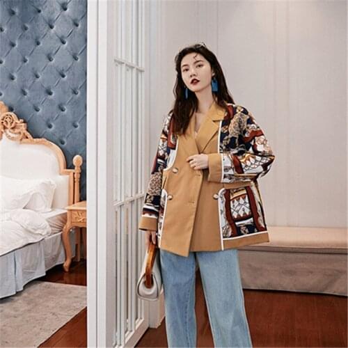 2021 spring and autumn new womens retro personality mid-length suit jacket loose and versatile printing double-breasted top
