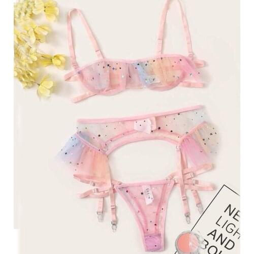 Rainbow Color Women Bra G string Garter Set Plus Size 3 Piece Lingerie Set with Garter Sequined Perspective Bra & Brief Sets