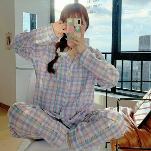 Korean Style Plaid Printed Pajamas Set for Women 2021 Autumn Full Sleeve Long Pants 2 Pieces Set Casual Loose Sleepwear Homewear