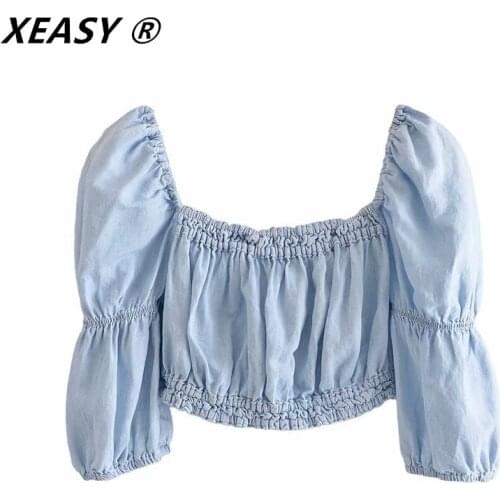 XEASY Summer Blouses Women Za 2021 Blue Cut Out Crop Top Woman Elastic Ruched Square Neck Puff Sleeve Backless Ladies Tops