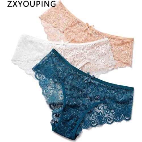 3pcs/lot Sexy Lace Panties Women Underwear Plus Size Briefs Hollow Out Transparent Lingerie Female Low Waist Breathable Panty