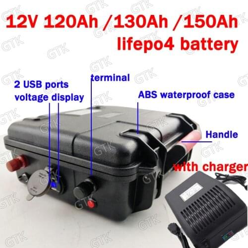 GTK 12V 150Ah waterproof 12V 130Ah lithium 12V 120AH Lifepo4 battery BMS 4S 12.8V for Solar Energy storage Go Cart +20A Charger